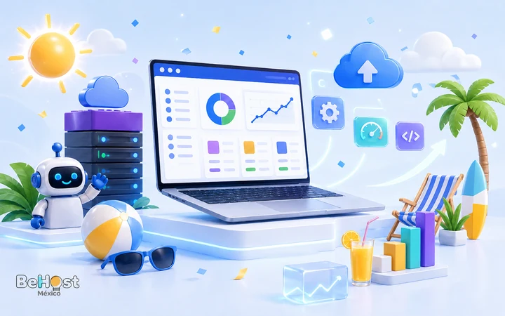 BeHost México con temática de verano y tecnología en la nube.