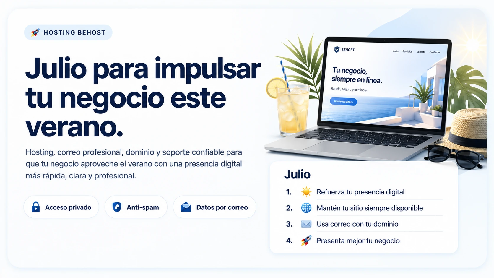 Campaña mensual de hosting BeHost para julio.