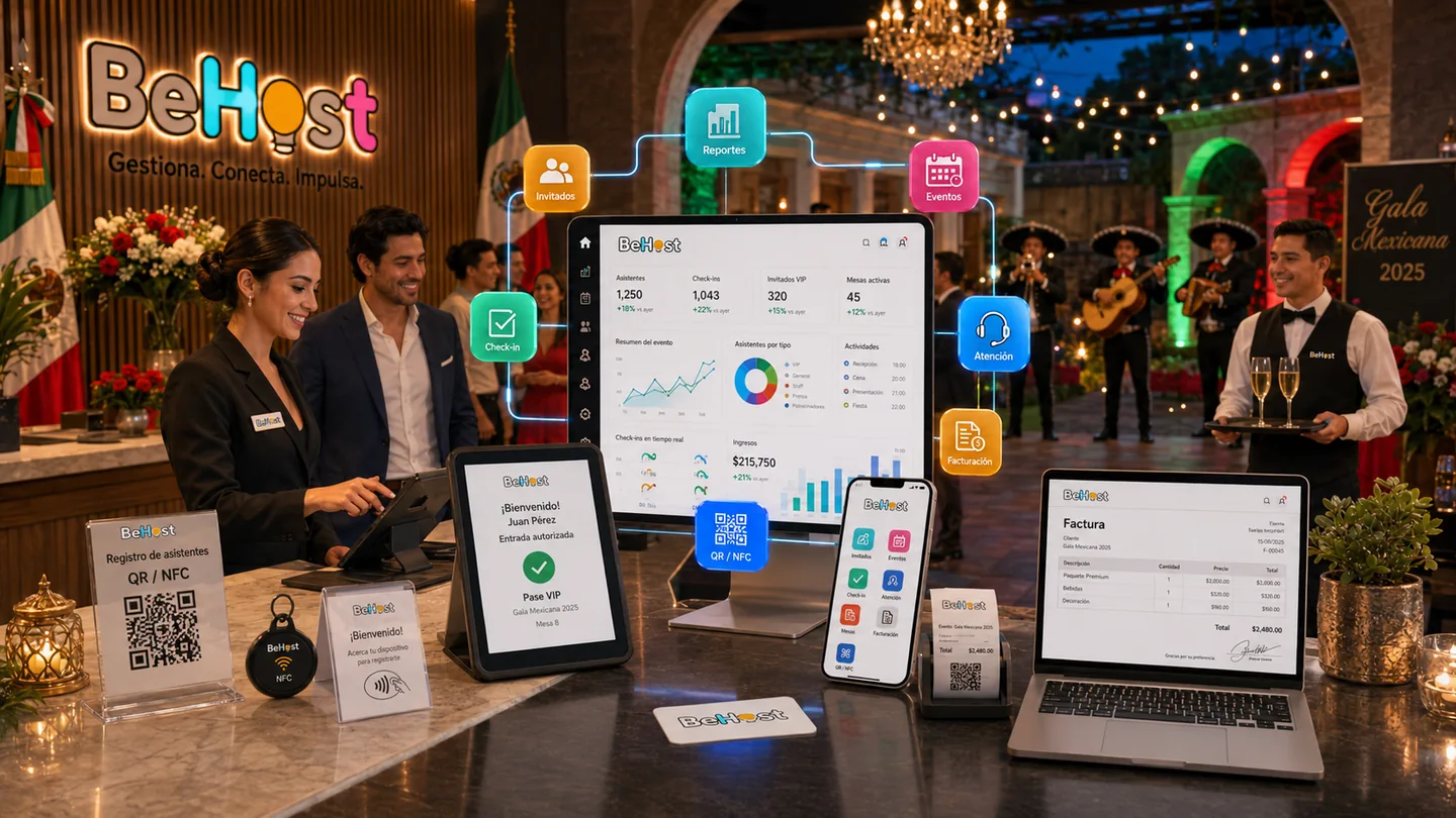 BeHost México en septiembre: gala mexicana con check-in digital, QR/NFC y una experiencia BeHost lista para eventos y atención.
