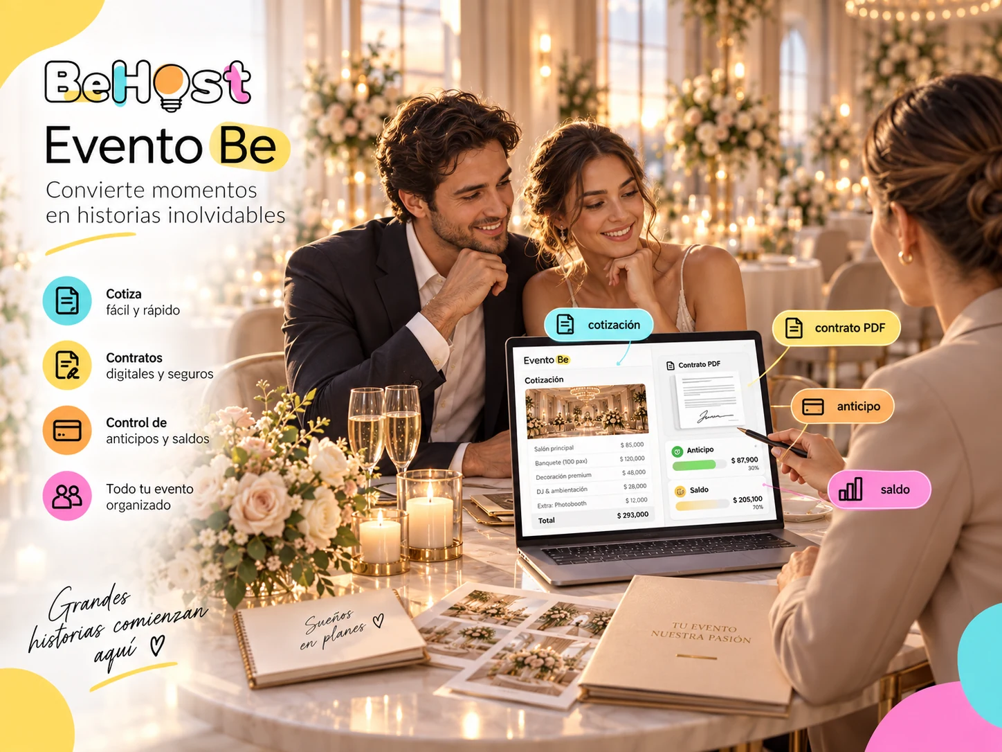 Cotiza más rápido, cobra anticipos y formaliza eventos con mejor imagen.