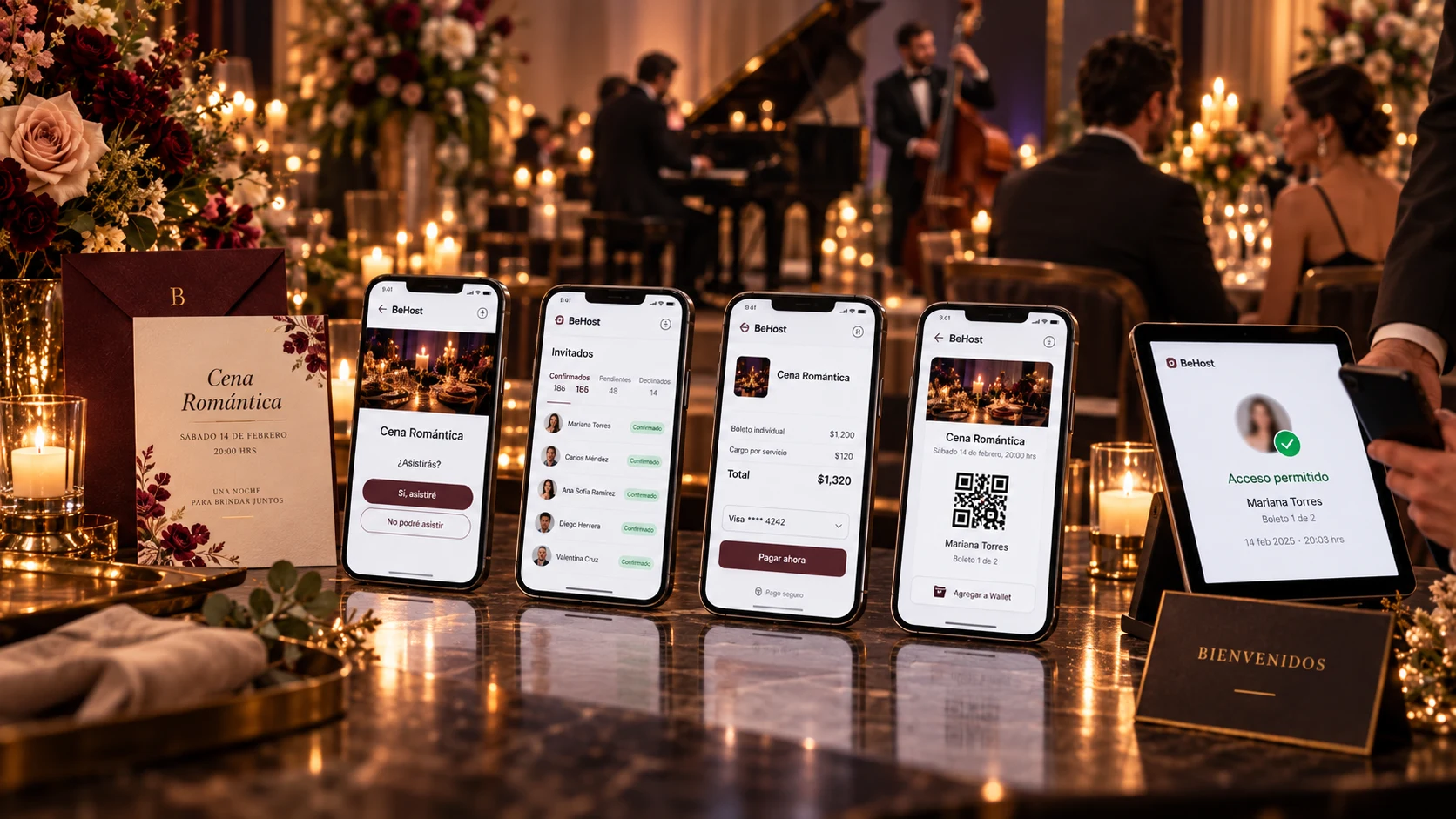 Flujo de Experiencia Be con invitación, invitados, pagos, boletos y acceso