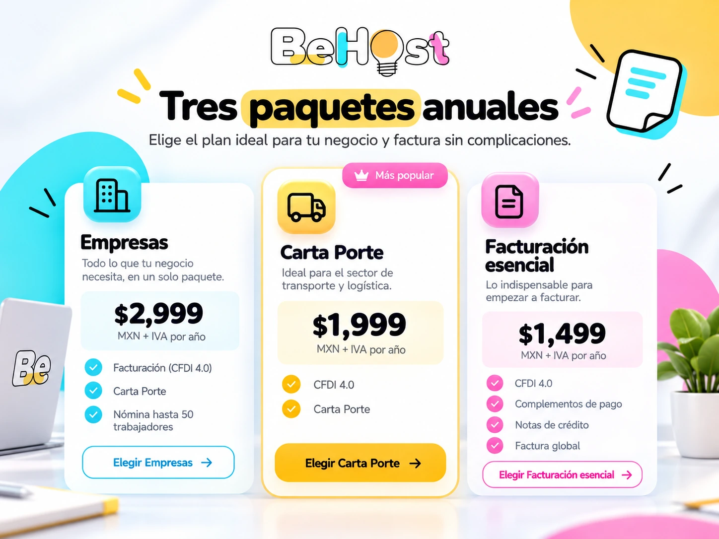 Paquetes anuales de Facturación Be: Empresas, Carta Porte y Esencial