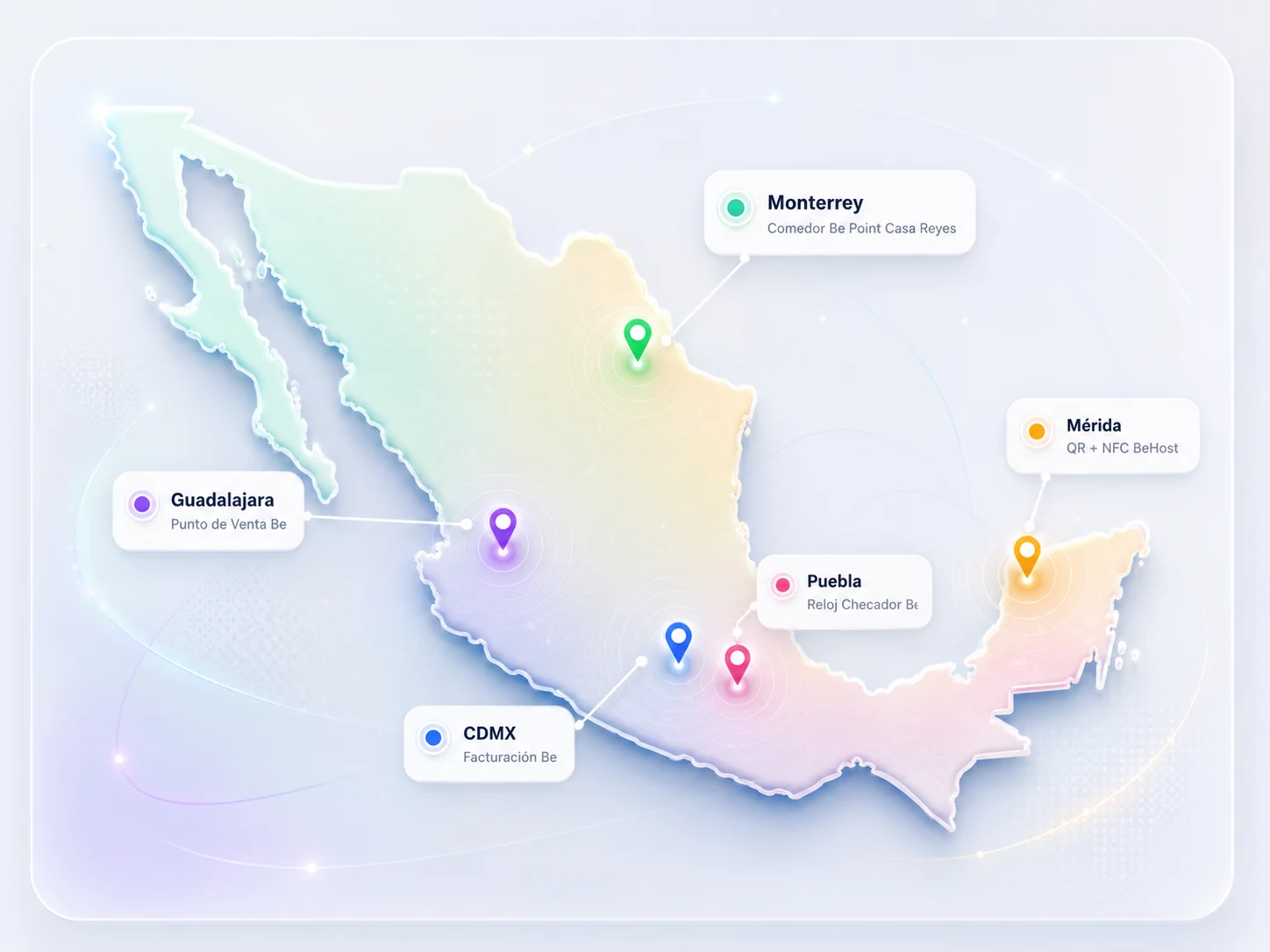Mapa premium de México con referencias de Monterrey, Guadalajara, Ciudad de México, Puebla y Mérida