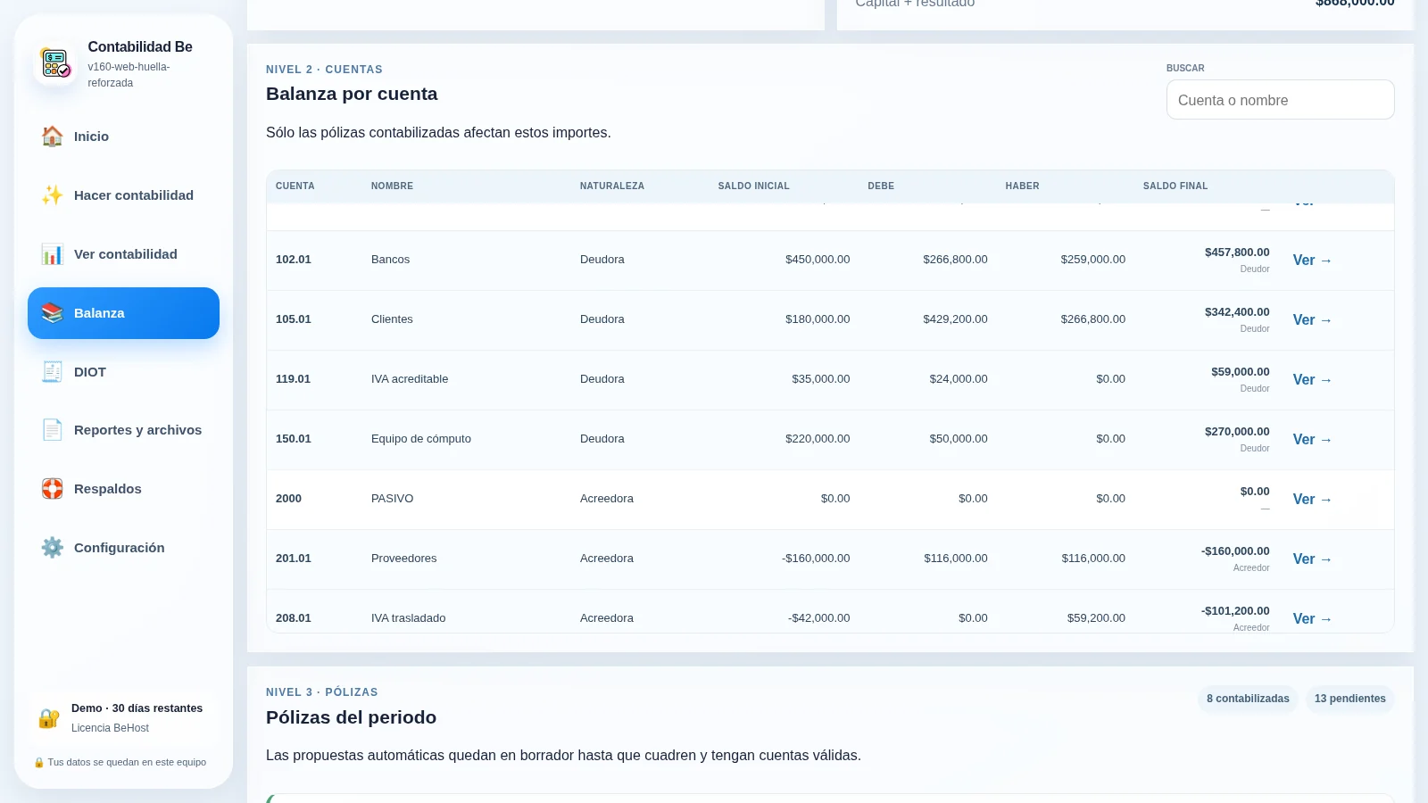 Captura real de Contabilidad Be: Balanza de comprobación