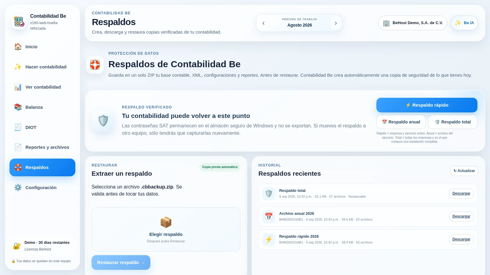 Captura real de Contabilidad Be: Respaldos y ejercicios