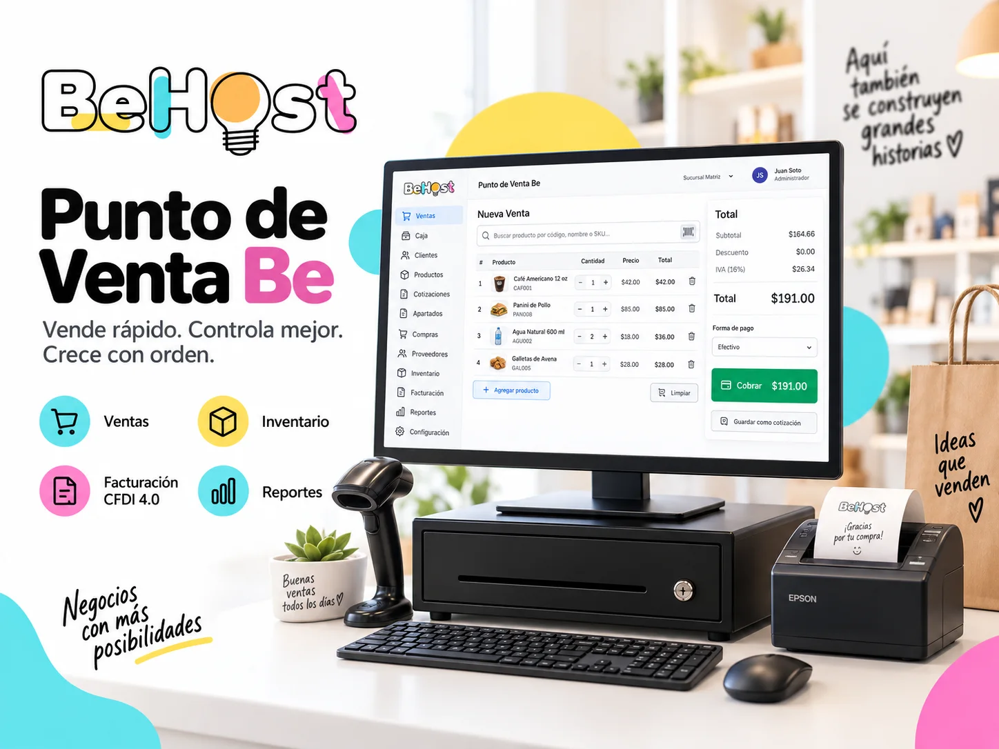 Punto de Venta Be mostrando una venta real con lector, caja e impresora térmica