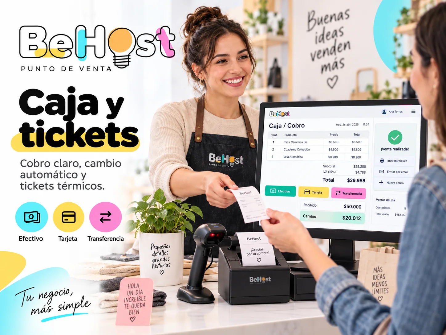 Caja, formas de pago, cambio y tickets térmicos en Punto de Venta Be