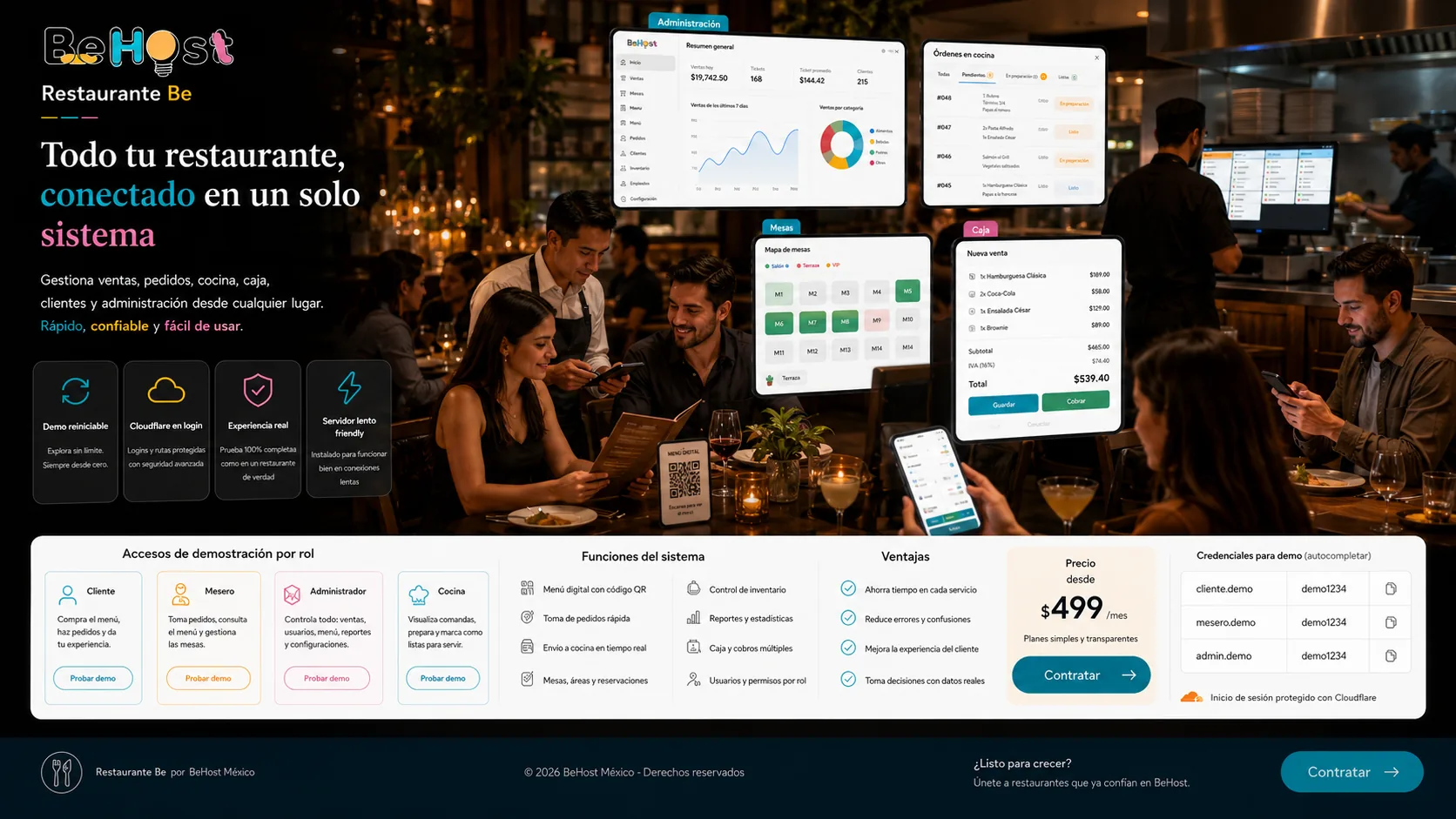 Flujo conectado de Restaurante Be con clientes, mesero, cocina y administración