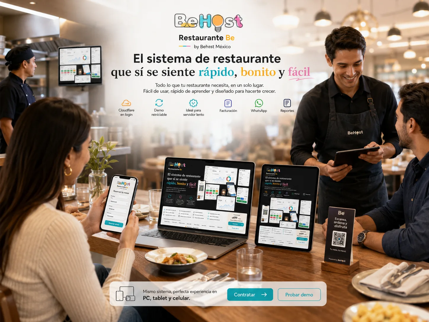 Restaurante Be funcionando en computadora, tableta y celular